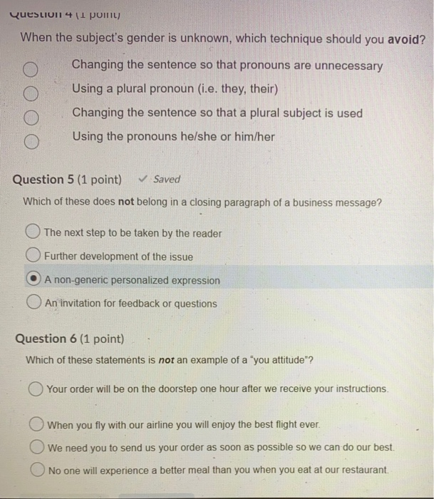 Question 4 (1 point) When the subject's gender is