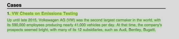 Cases 1. VW Cheats on Emissions Testing Up until