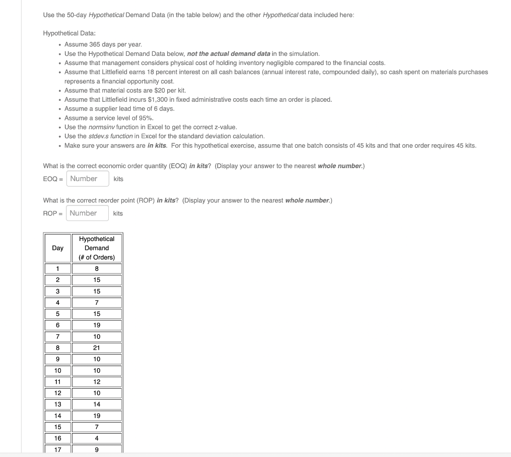 Use the 50-day Hypothetical Demand Data (in the