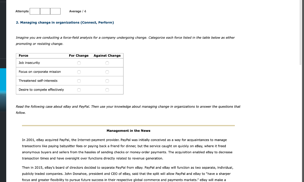 Attempts Average / 4 2. Managing change in