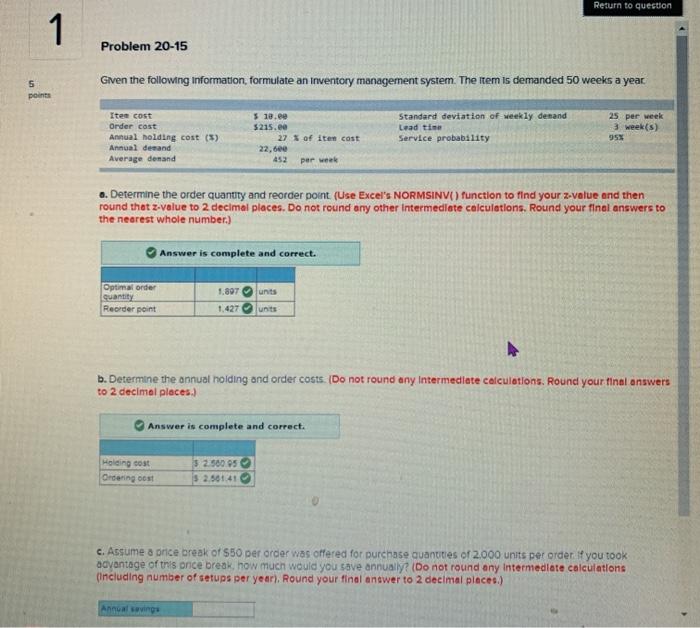Return to question 1 Problem 20-15 5 points Given