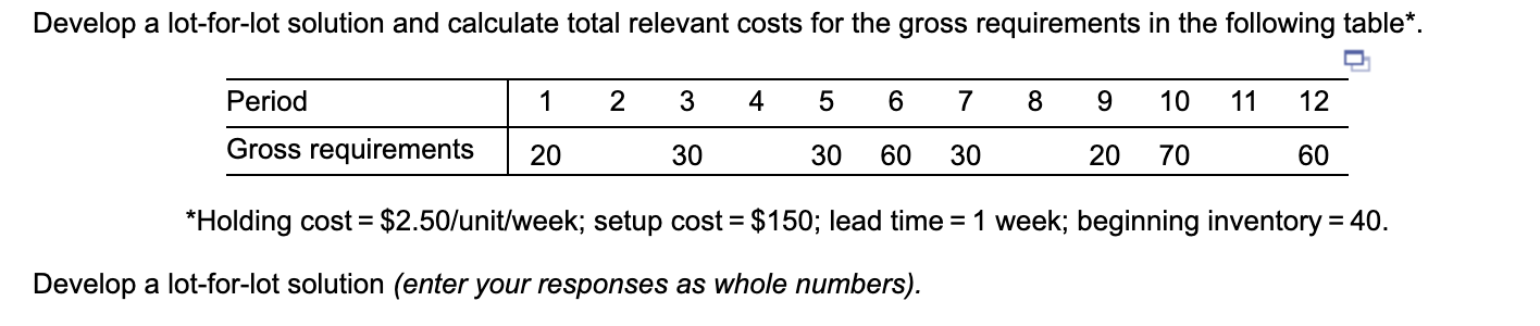 Develop a lot-for-lot solution and calculate