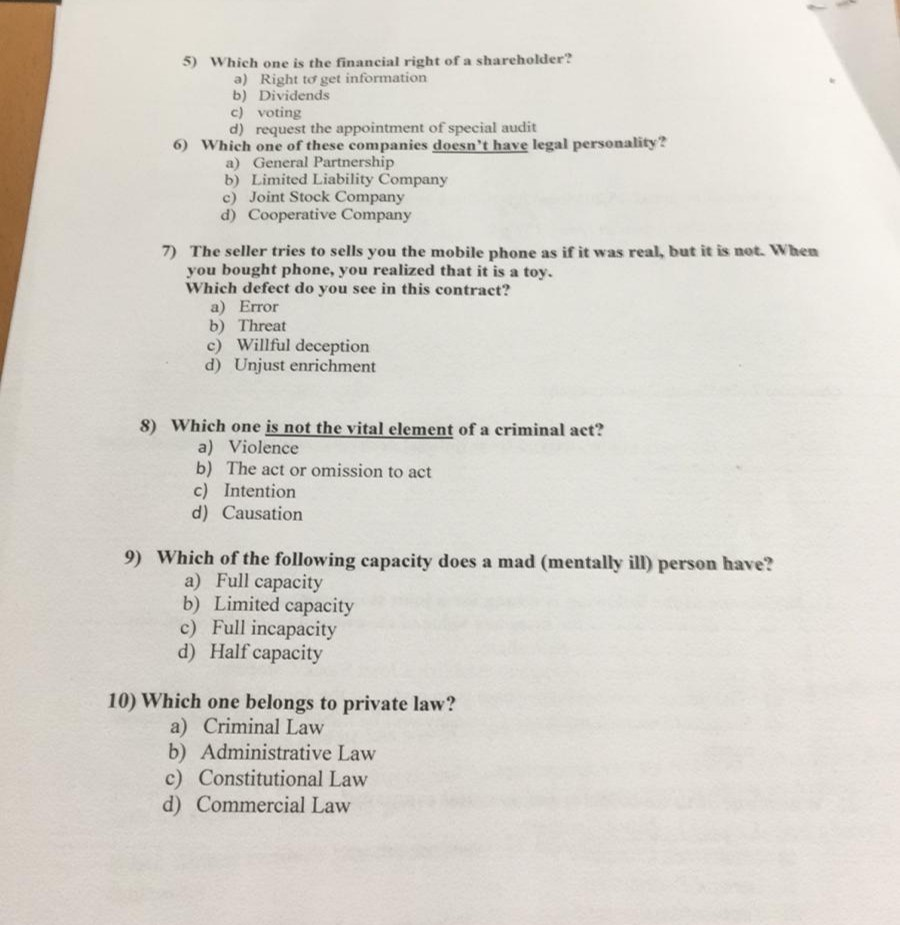 can you help me ? LAW 5) Which one is the