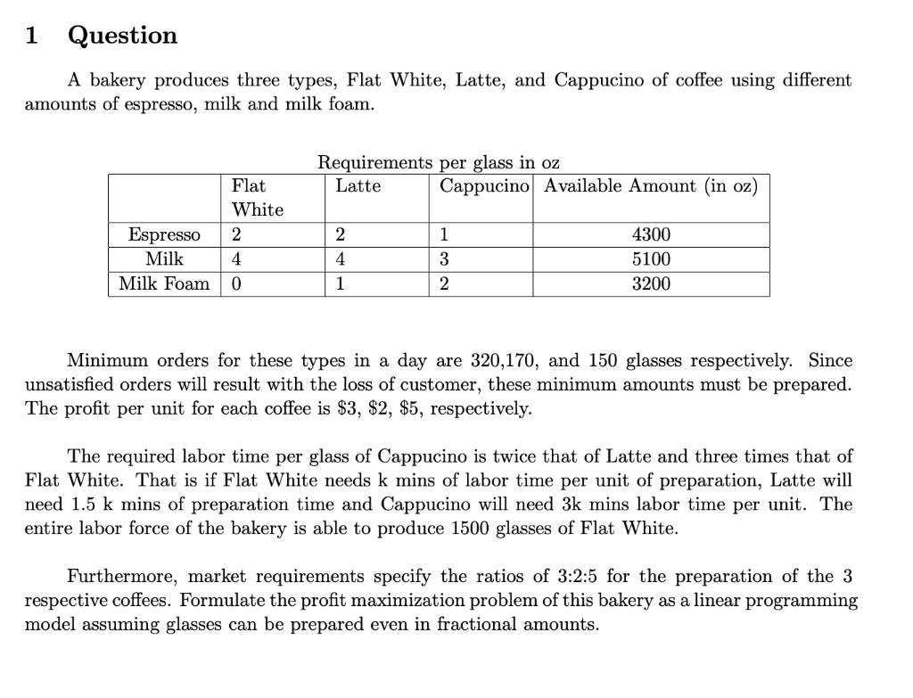 A bakery produces three types, Flat White, Latte,