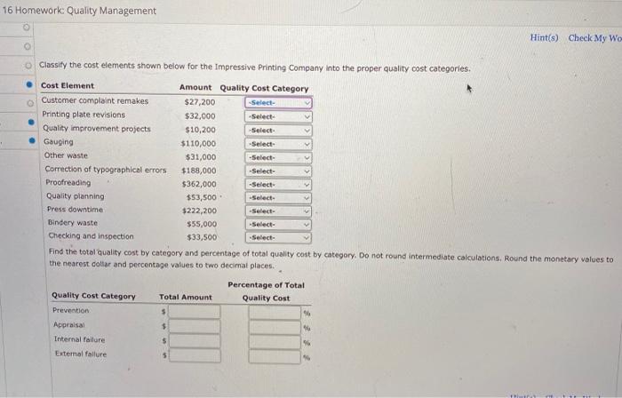 16 Homework: Quality Management Hint(s) Check My