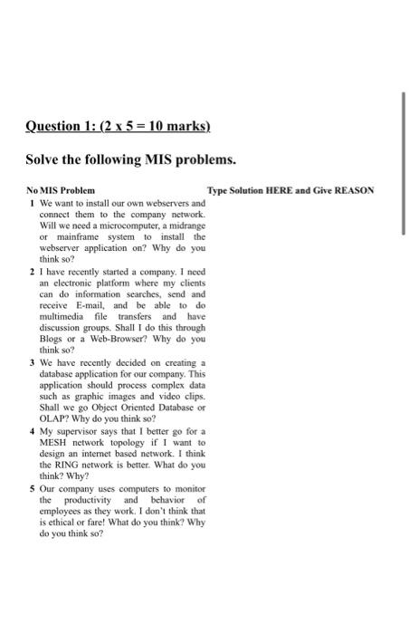 Question 1: (2 x 5 = 10 marks) Solve the