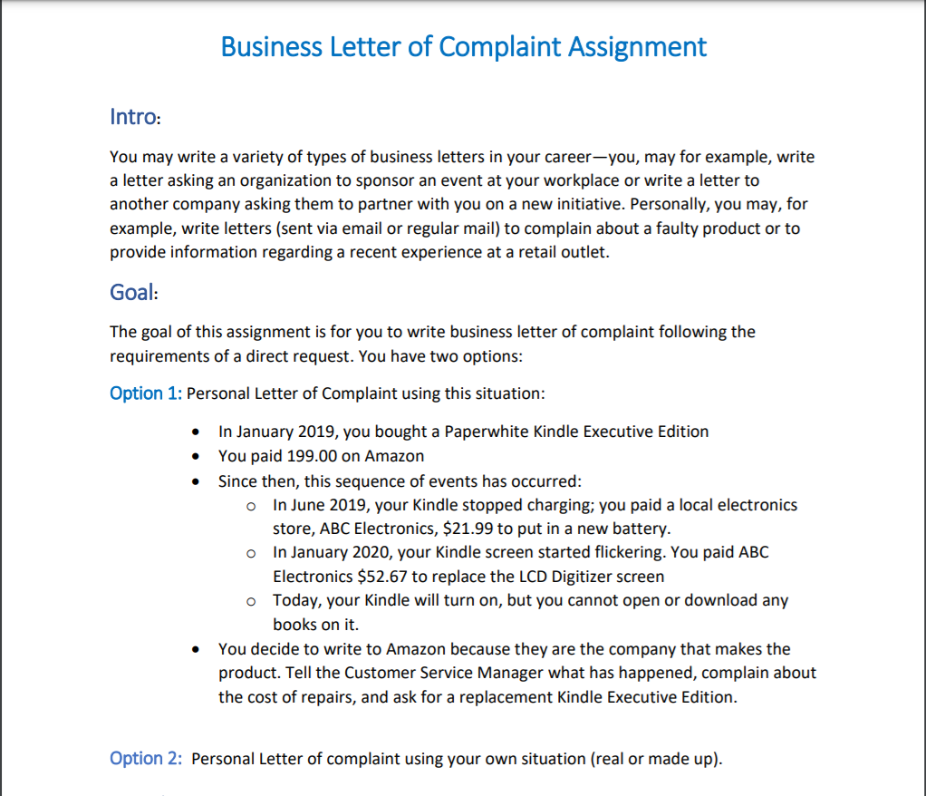 Business Letter of Complaint Assignment Intro: