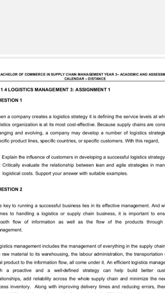 ACHELOR OF COMMERCE IN SUPPLY CHAIN MANAGEMENT