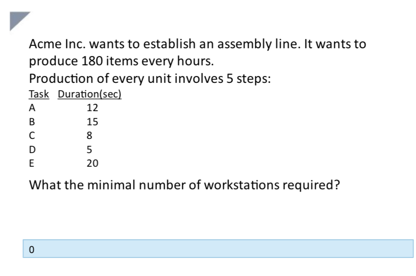 Acme Inc. wants to establish an assembly line. It