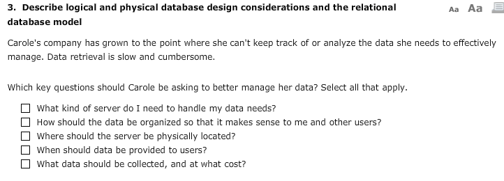 Aa Aa 3. Describe logical and physical database