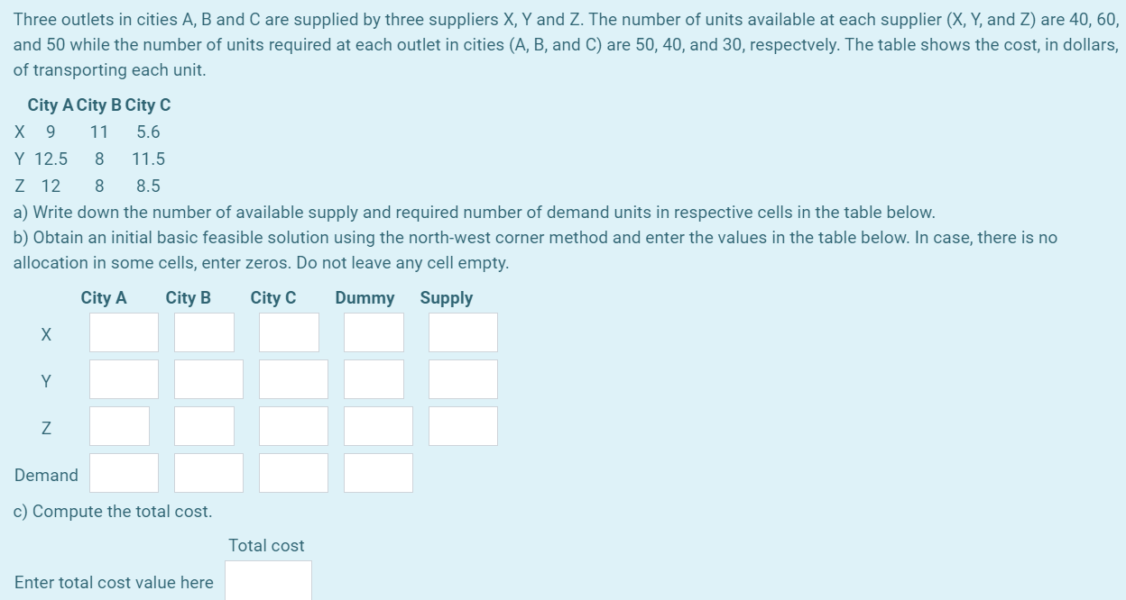 Three outlets in cities A, B and C are supplied