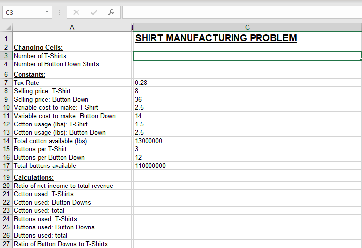 For the shirt manufacturing problem, write down