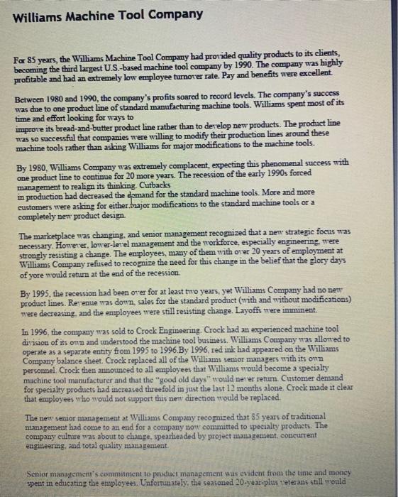 Williams Machine Tool Company Far 85 years, the