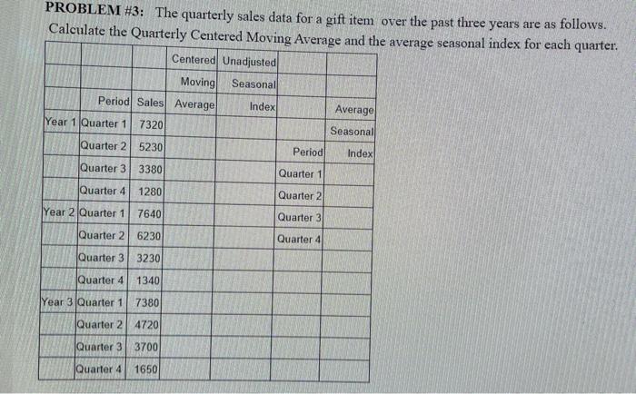 PROBLEM #3: The quarterly sales data for a gift