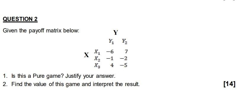 QUESTION 2 Given the payoff matrix below: Y X X-6
