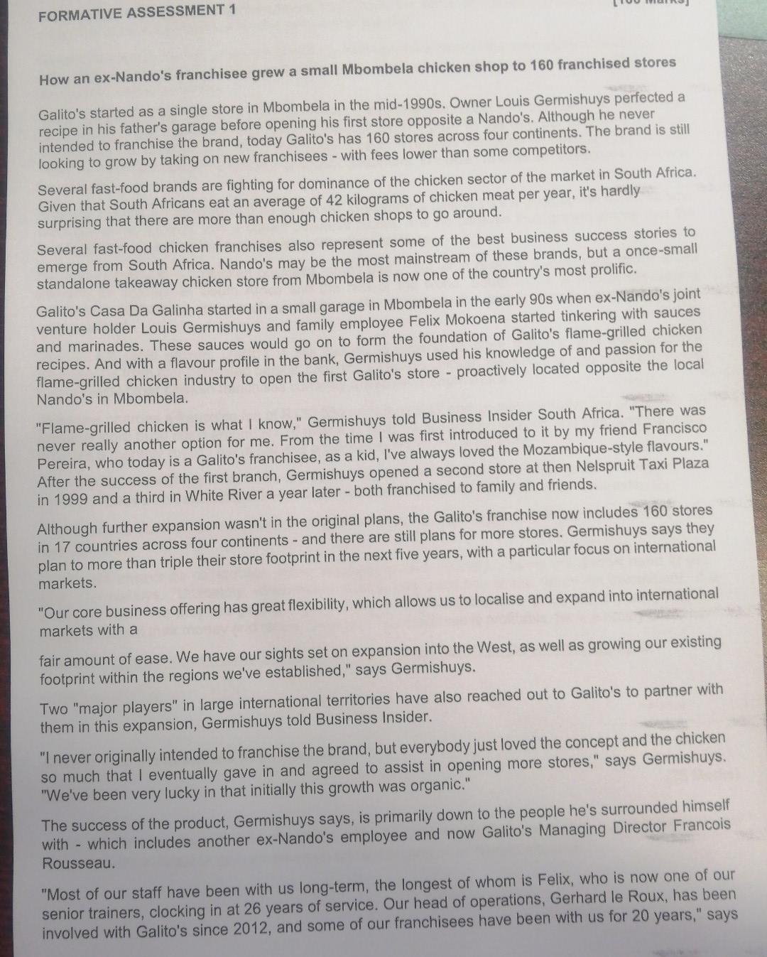 FORMATIVE ASSESSMENT 1 How an ex-Nando's