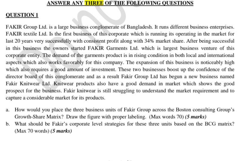 ANSWER ANY THREE OF THE FOLLOWING QUESTIONS