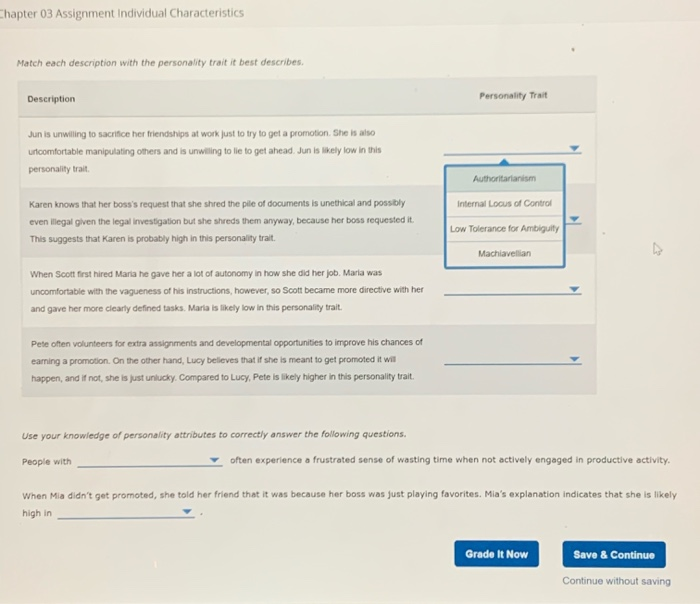 Chapter 03 Assignment individual Characteristics