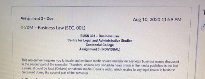 Assignment 2 - Due Aug 10, 2020 11:59 PM 20M