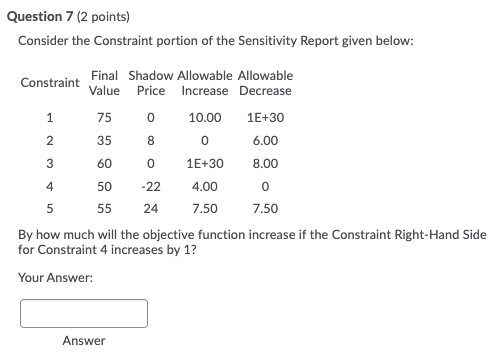 Question 7 (2 points) Consider the Constraint