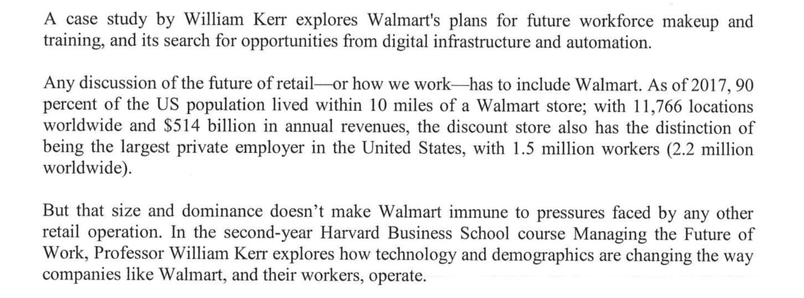 A case study by William Kerr explores Walmart's