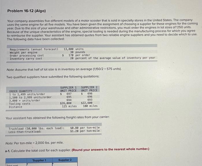 please help answer a-1) calculate the total cost