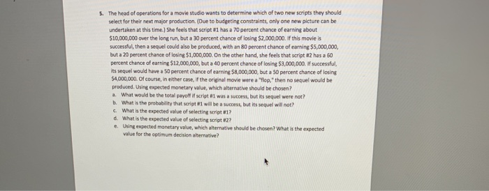 5. The head of operations for a movie studio