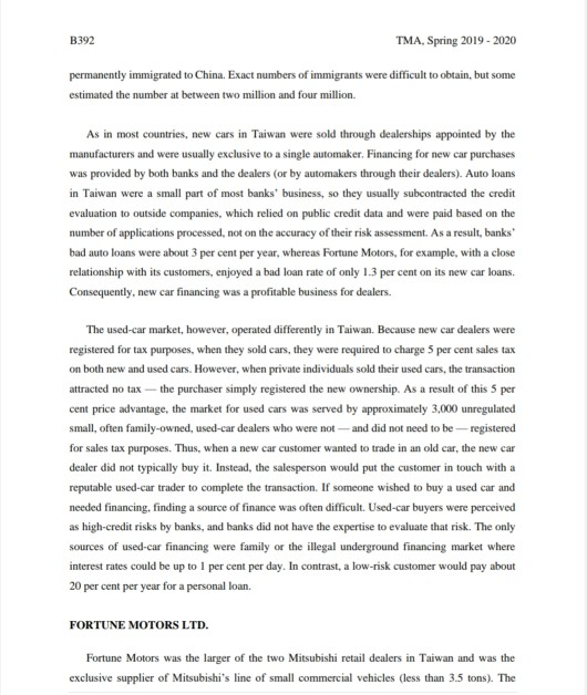 The TMA Questions PART A: FORTUNE MOTORS