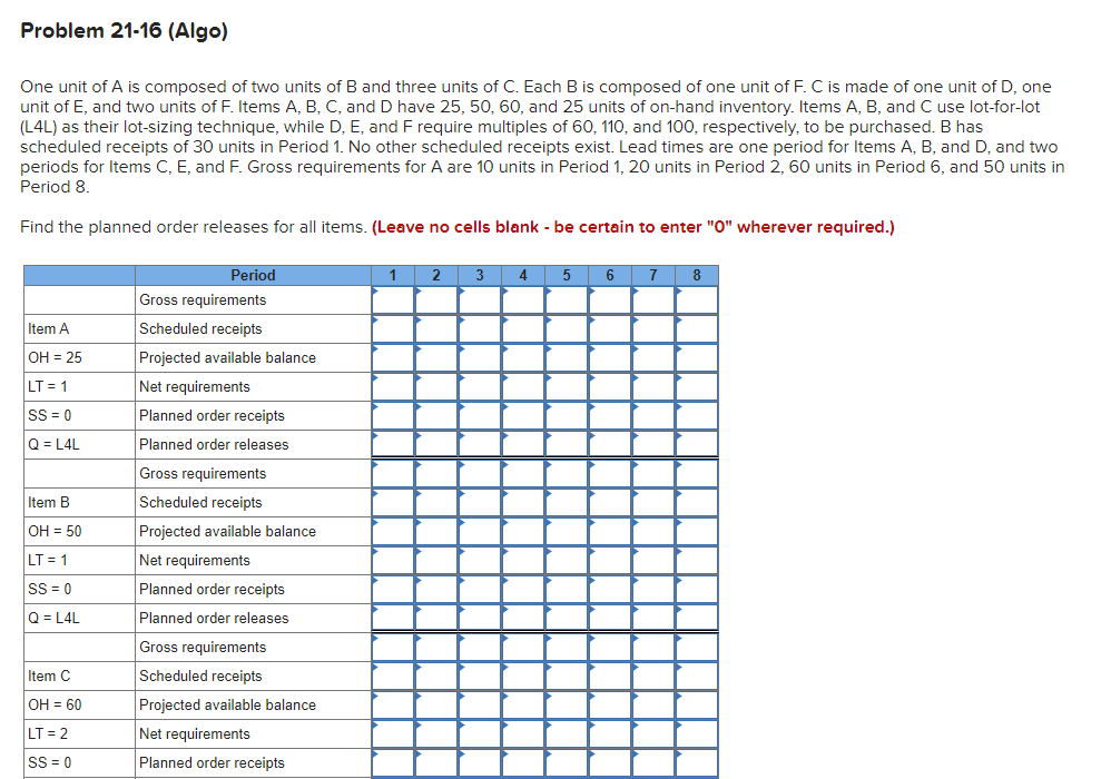 Problem 21-16 (Algo) One unit of A is composed of