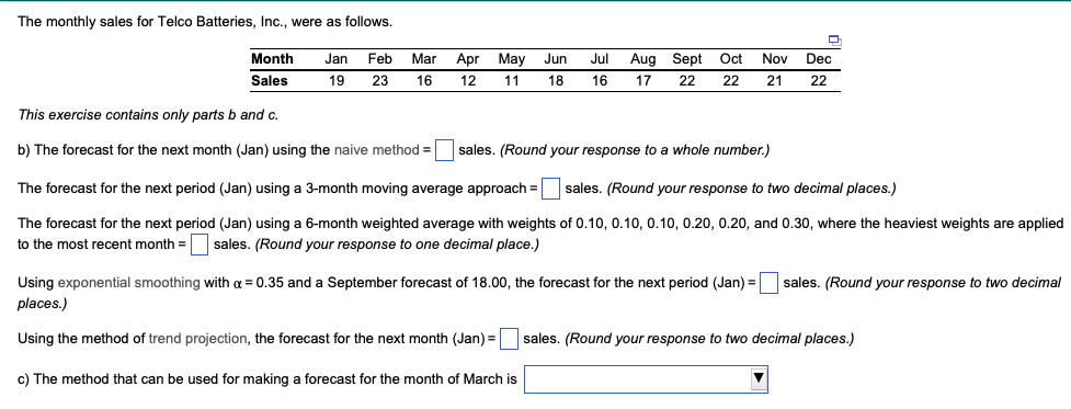 The monthly sales for Telco Batteries, Inc., were