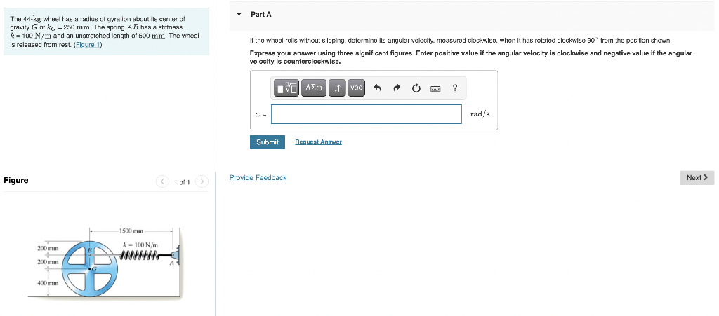 The 44-kg wheel has a radius of gyration about