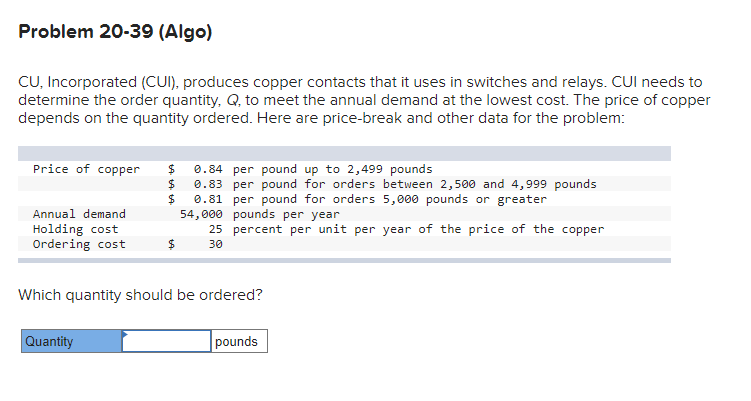 Problem 20-39 (Algo) CU, Incorporated (CUI),