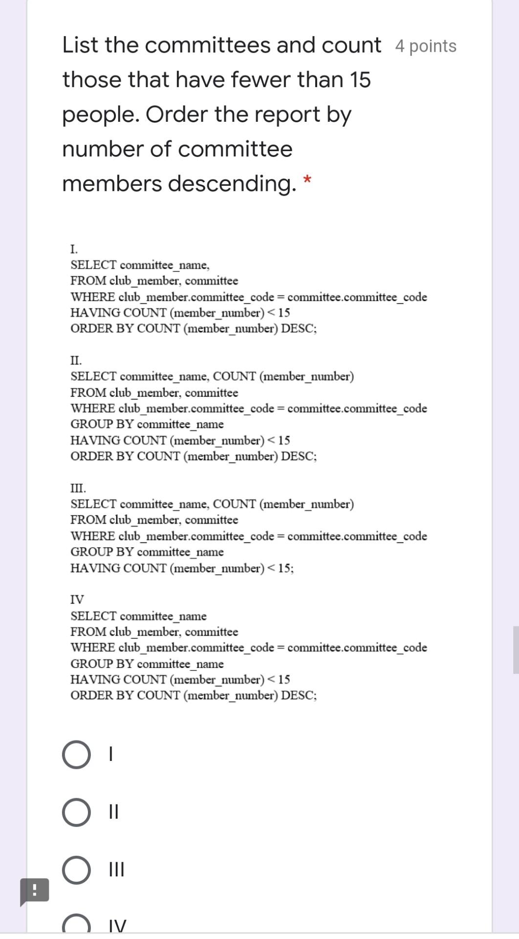 List the committees and count 4 points those that