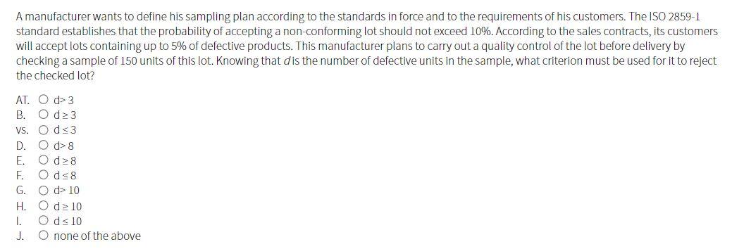 A manufacturer wants to define his sampling plan