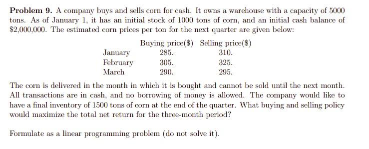 Problem 9. A company buys and sells corn for