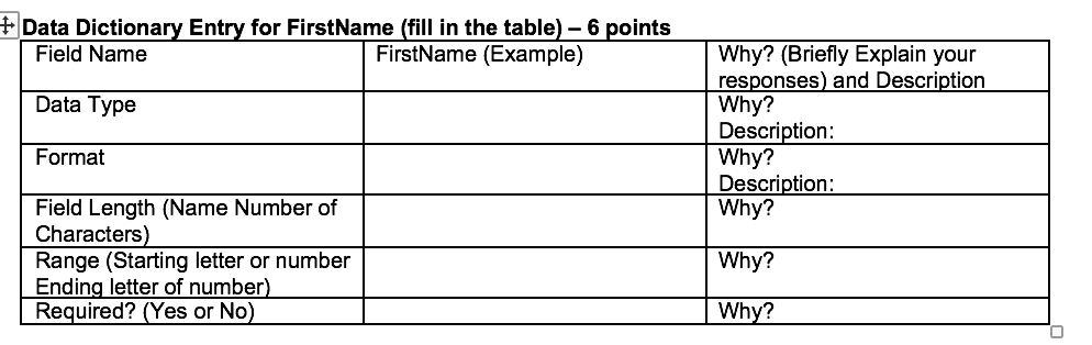 Data dictionary entries by filling in the blank