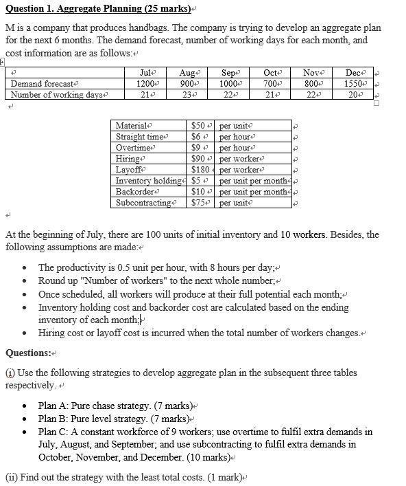 Question 1. Aggregate Planning (25 marks) Mis a