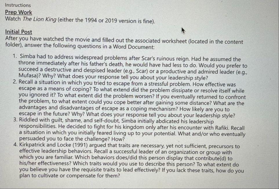 Instructions Prep Work Watch The Lion King