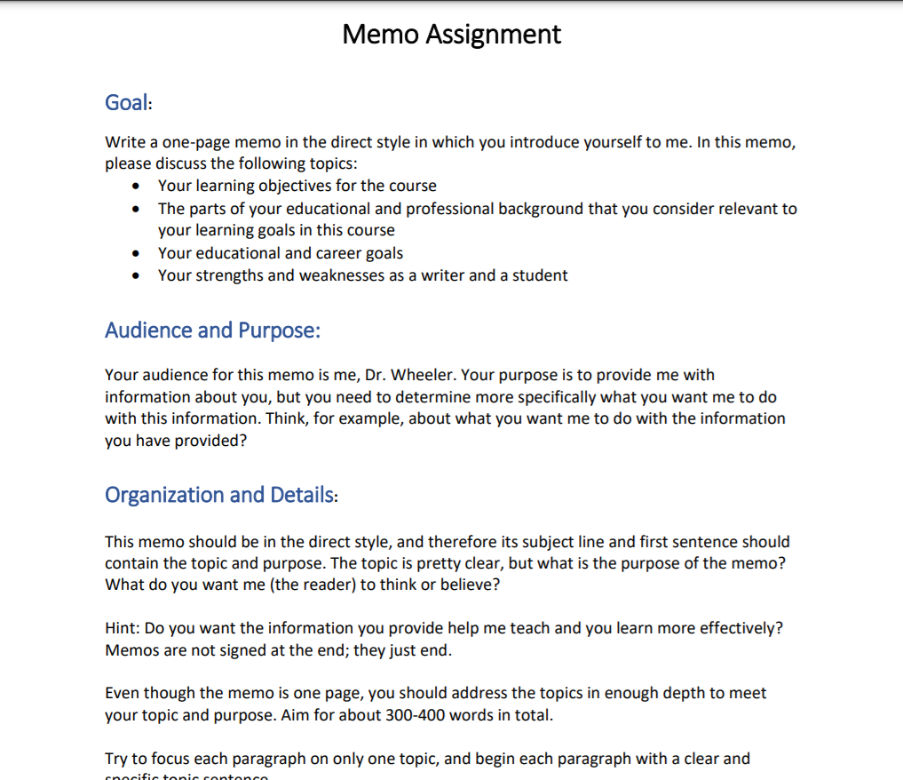 Memo Assignment Goal: Write a one-page memo in