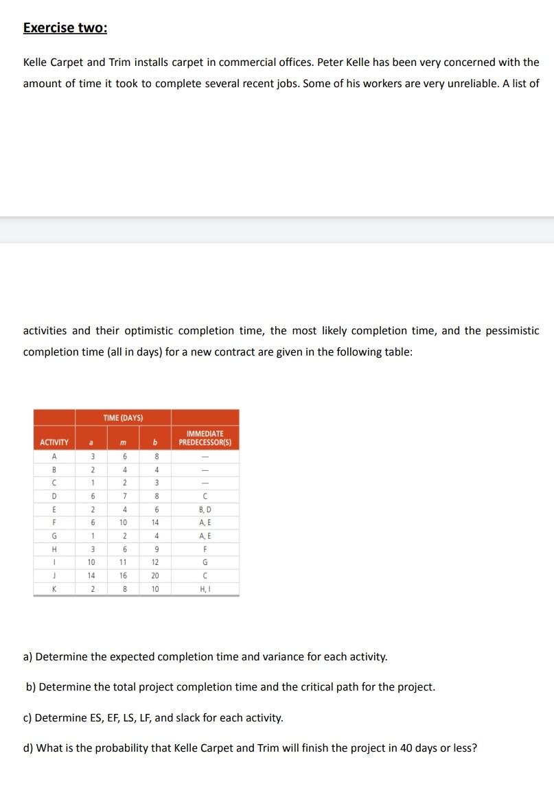 Exercise two: Kelle Carpet and Trim installs