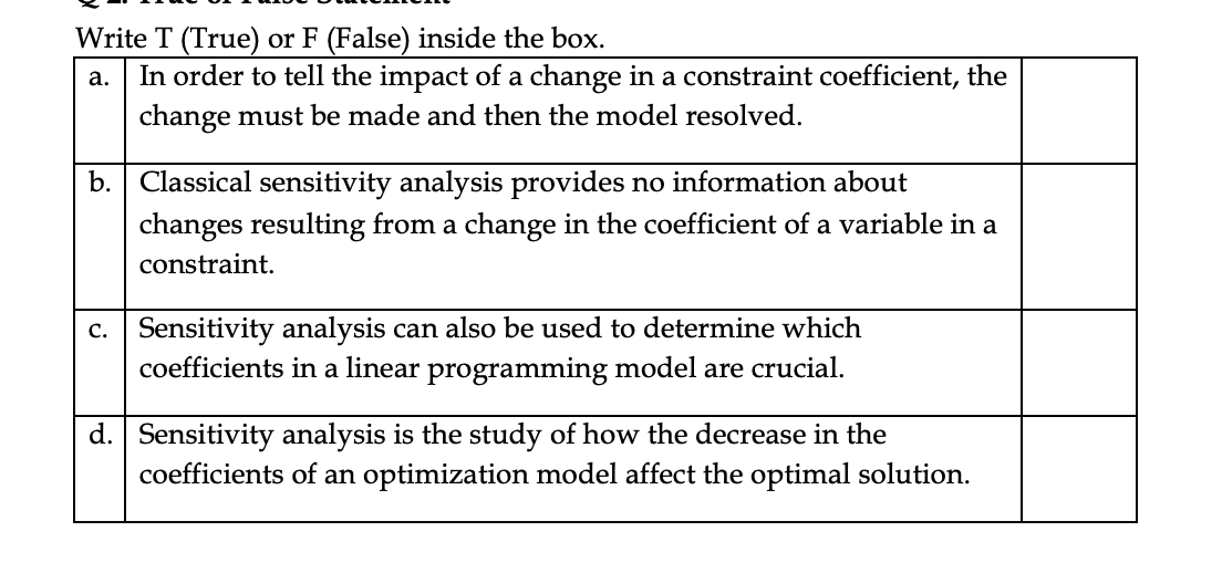 Write T (True) or F (False) inside the box. In