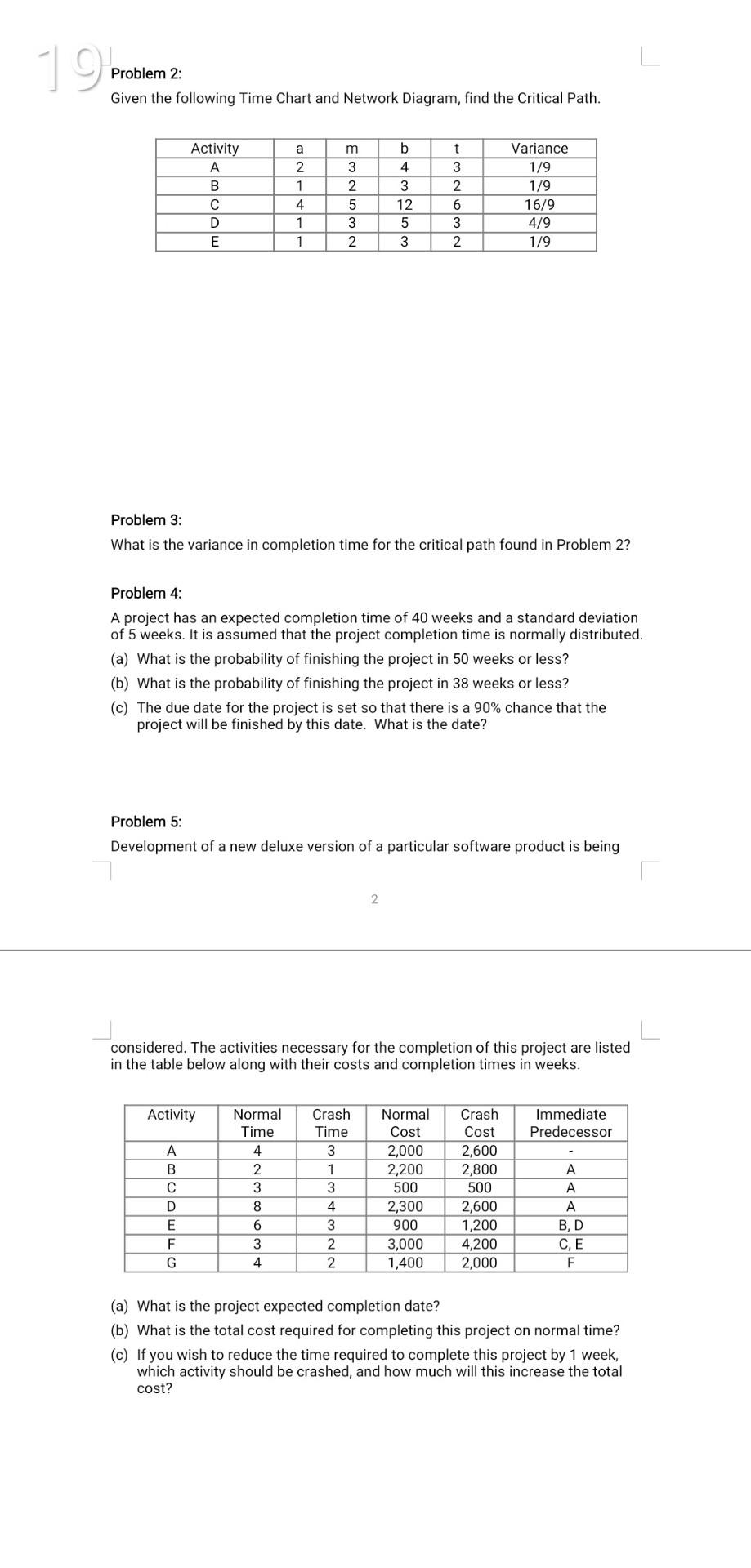 19 Pro Problem 2: Given the following Time Chart