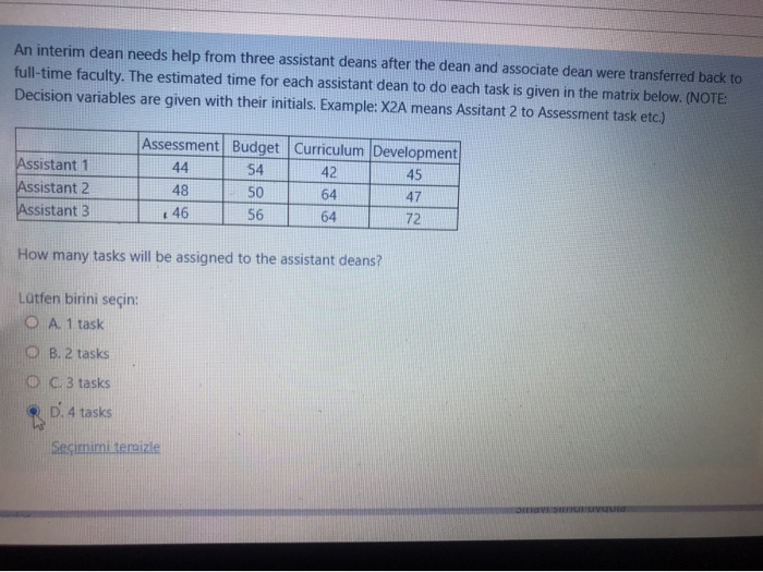 An interim dean needs help from three assistant