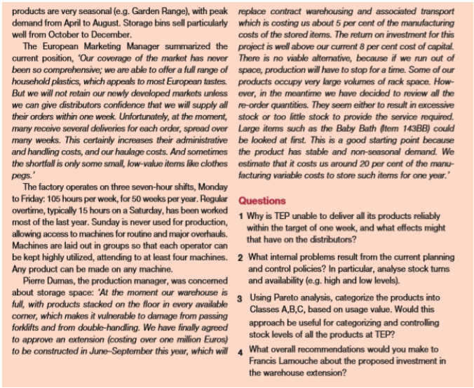 Using Pareto analysis, categorize the products