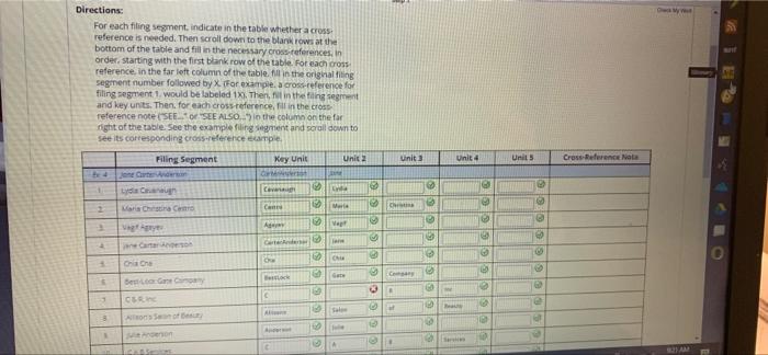 Directions: For each filing segment indicate in