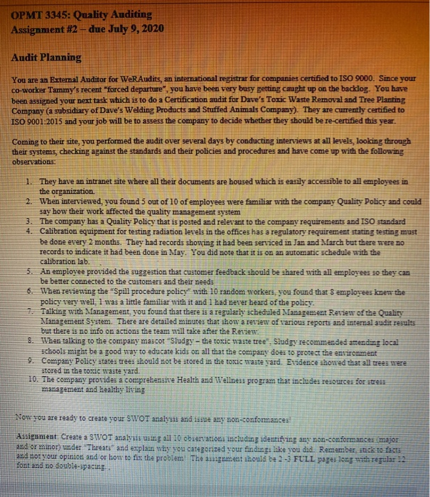 OPMT 3345: Quality Auditing Assignment #2 - due