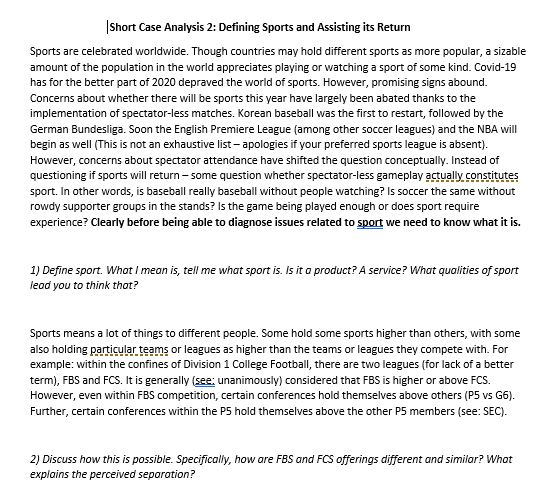 Short Case Analysis 2: Defining Sports and