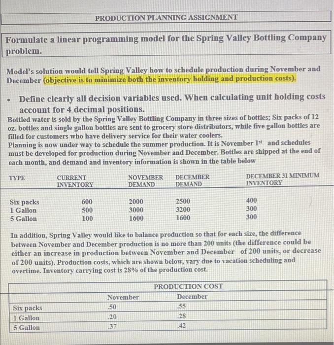PRODUCTION PLANNING ASSIGNMENT Formulate a linear