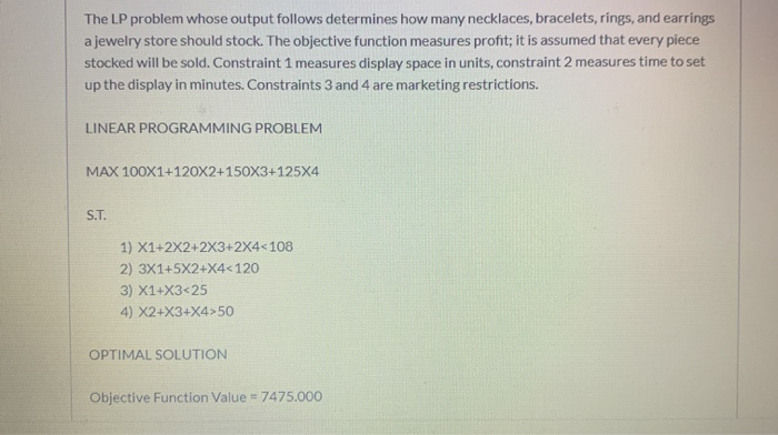 The LP problem whose output follows determines