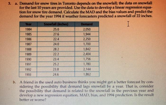 3. a. Demand for snow tires in Toronto depends on